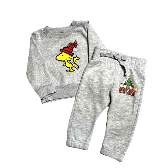 Peanuts 12m Gray Sweatshirt Sweatpants Set Woodstock Snoopy Christmas outfit - Picture 2 of 9